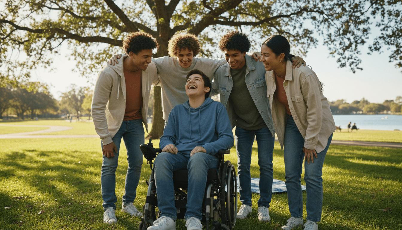 Young person with muscular dystrophy using powered wheelchair enjoying outdoor activity with friends
