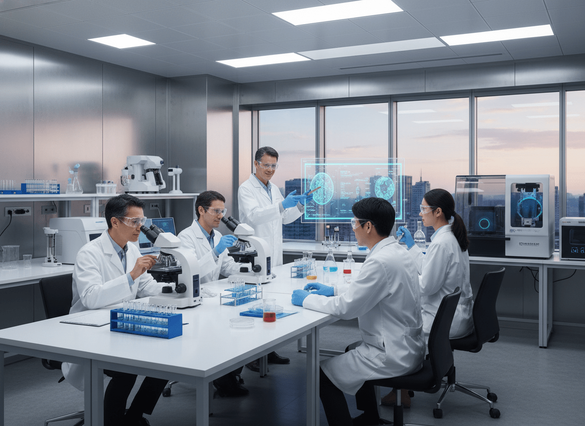 Research scientists working in laboratory on Parkinson's cure