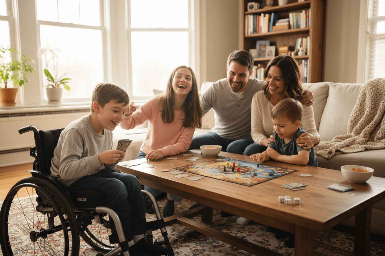 Family spending quality time together, child with muscular dystrophy included in activities