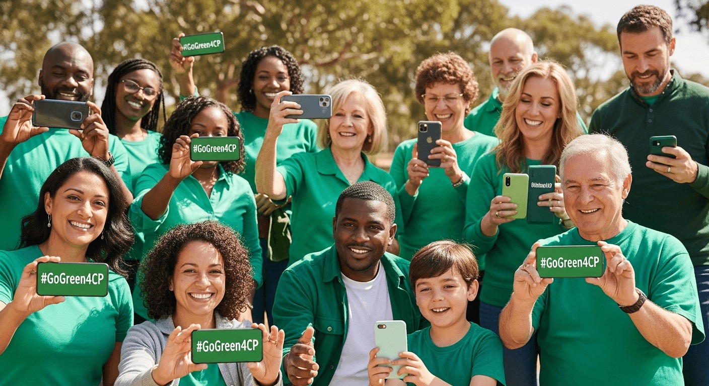 Group of people wearing green clothing for Cerebral Palsy Awareness Month social media campaign