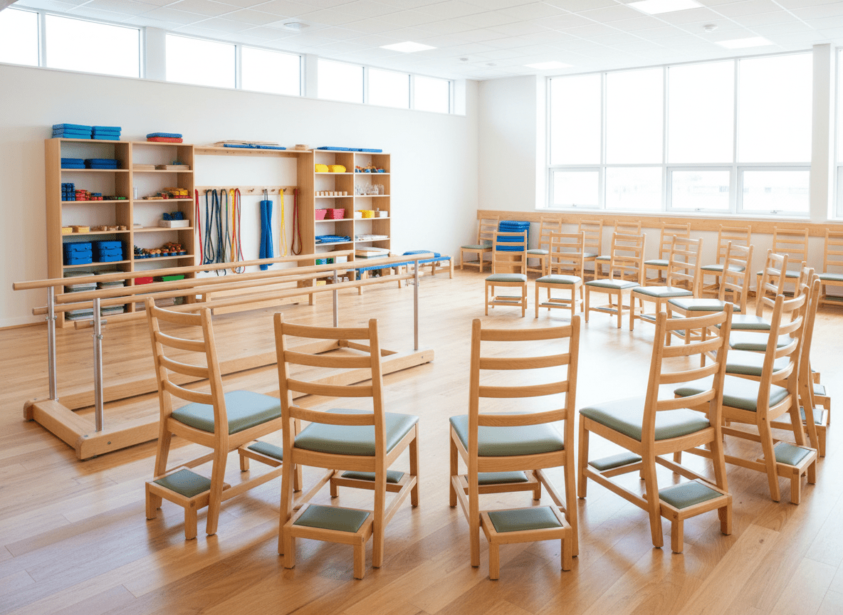 Conductive education therapy room showing specialized furniture and equipment arrangement