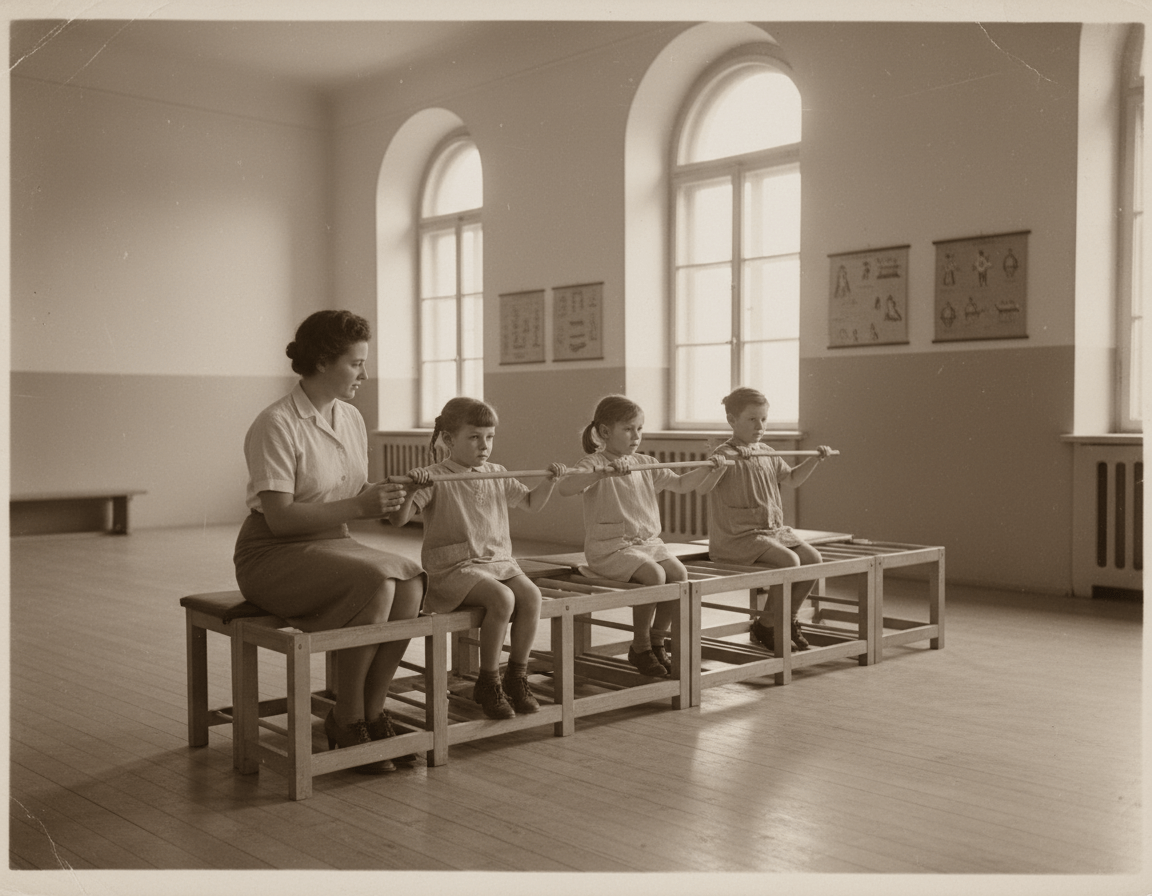 Historical photograph style showing conductive education session from early development period