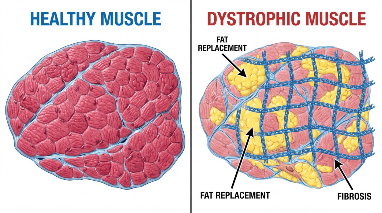 Medical illustration showing healthy muscle tissue compared to muscular dystrophy affected muscle tissue
