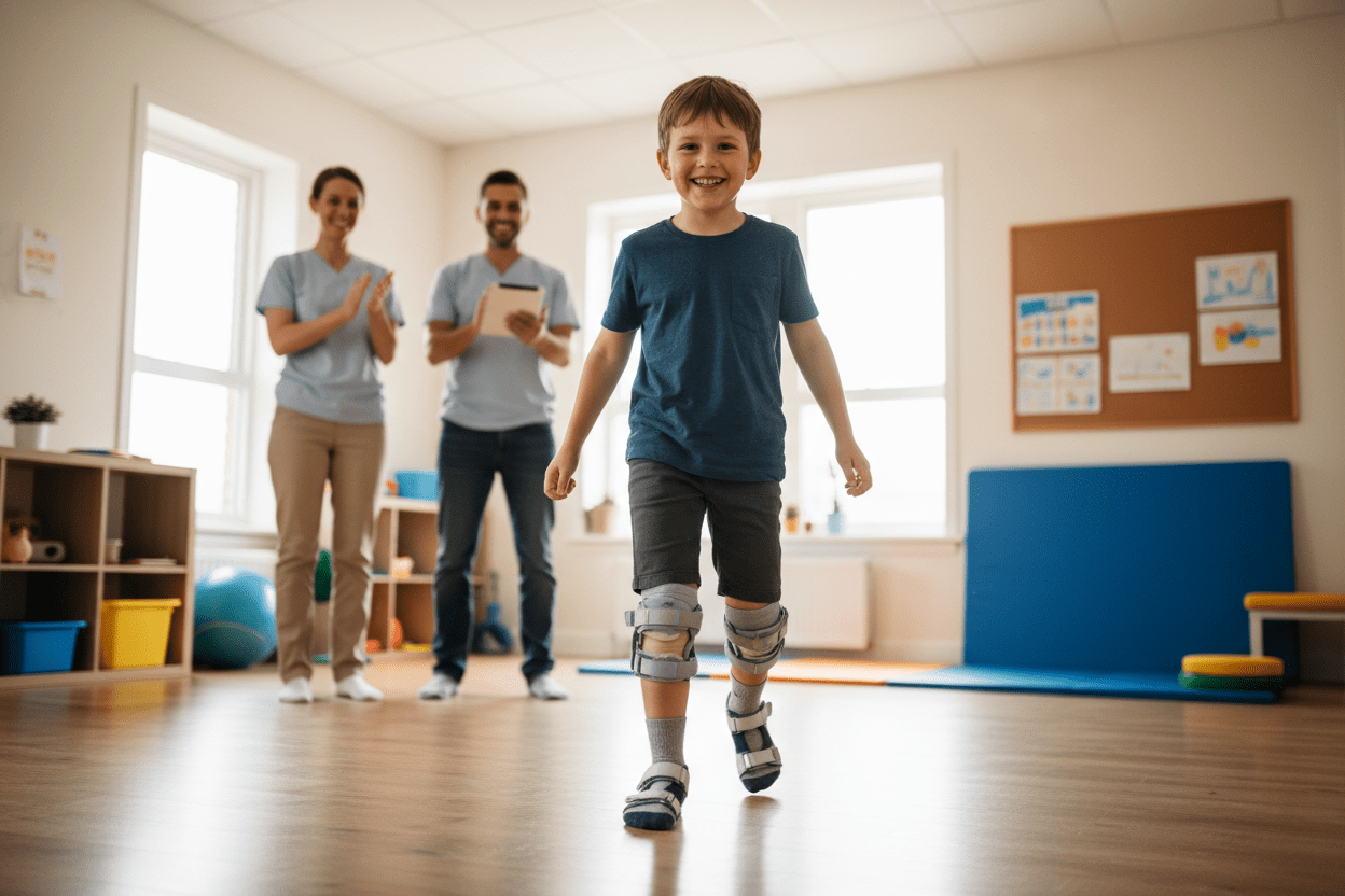 Disabled young person achieving independent walking milestone through MOVE Programme
