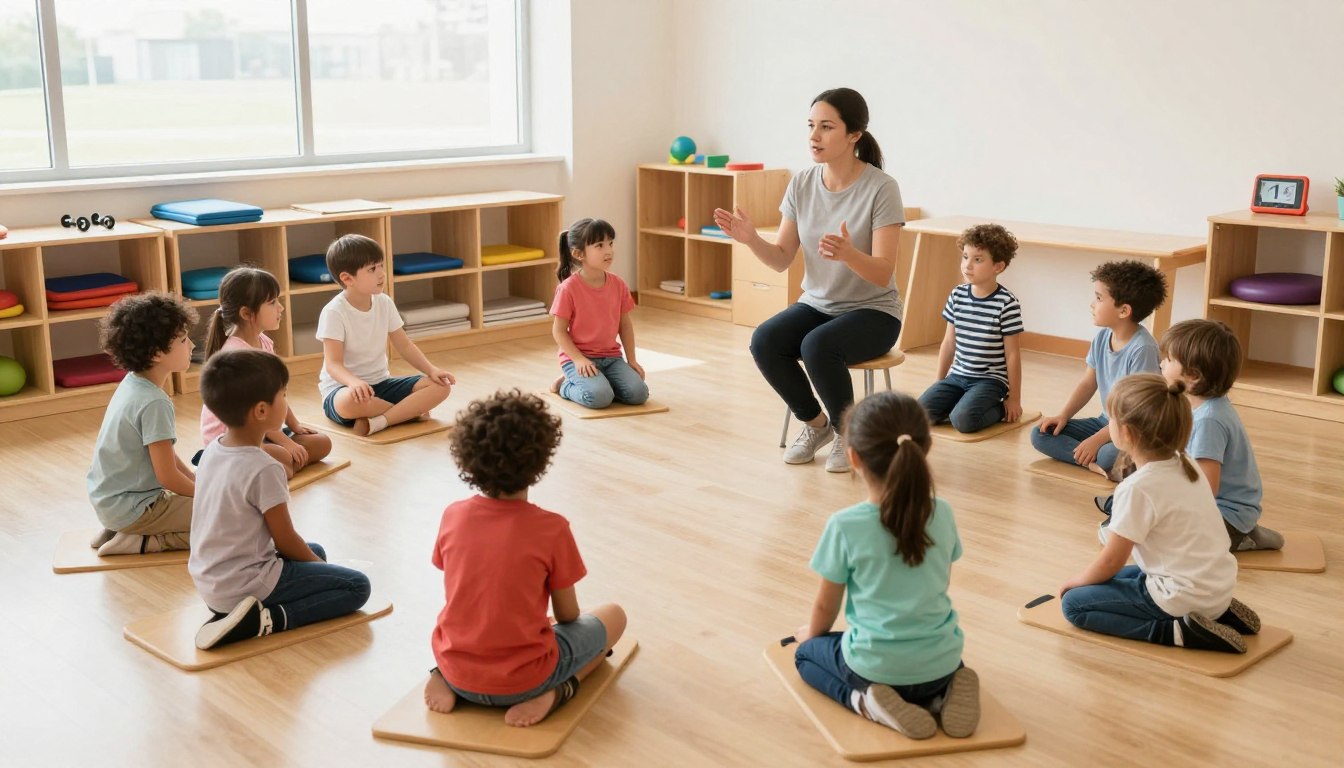 Children with cerebral palsy participating in conductive education group session with conductor guidance