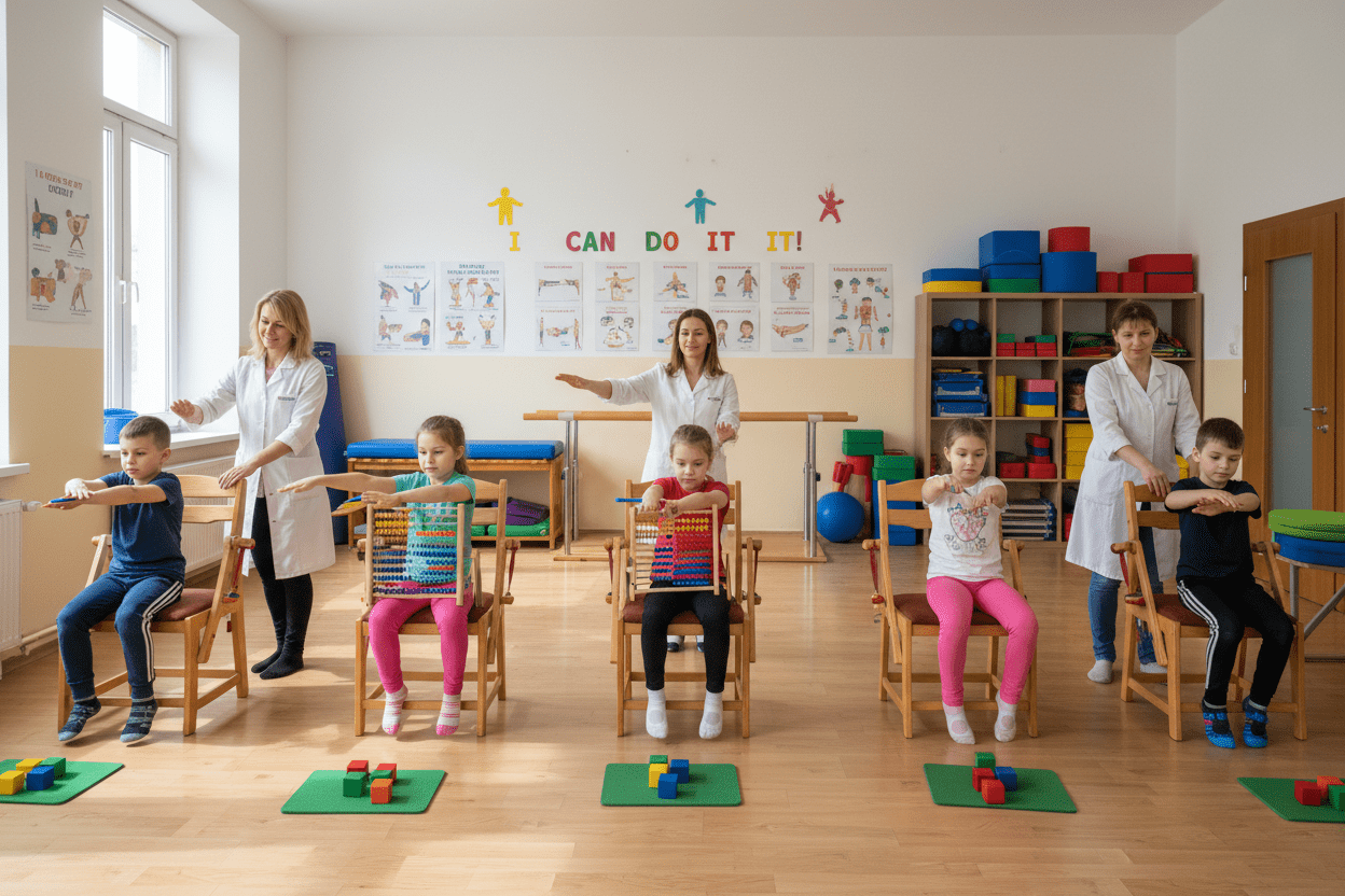 Group of children with motor disorders engaged in conductive education task series activities