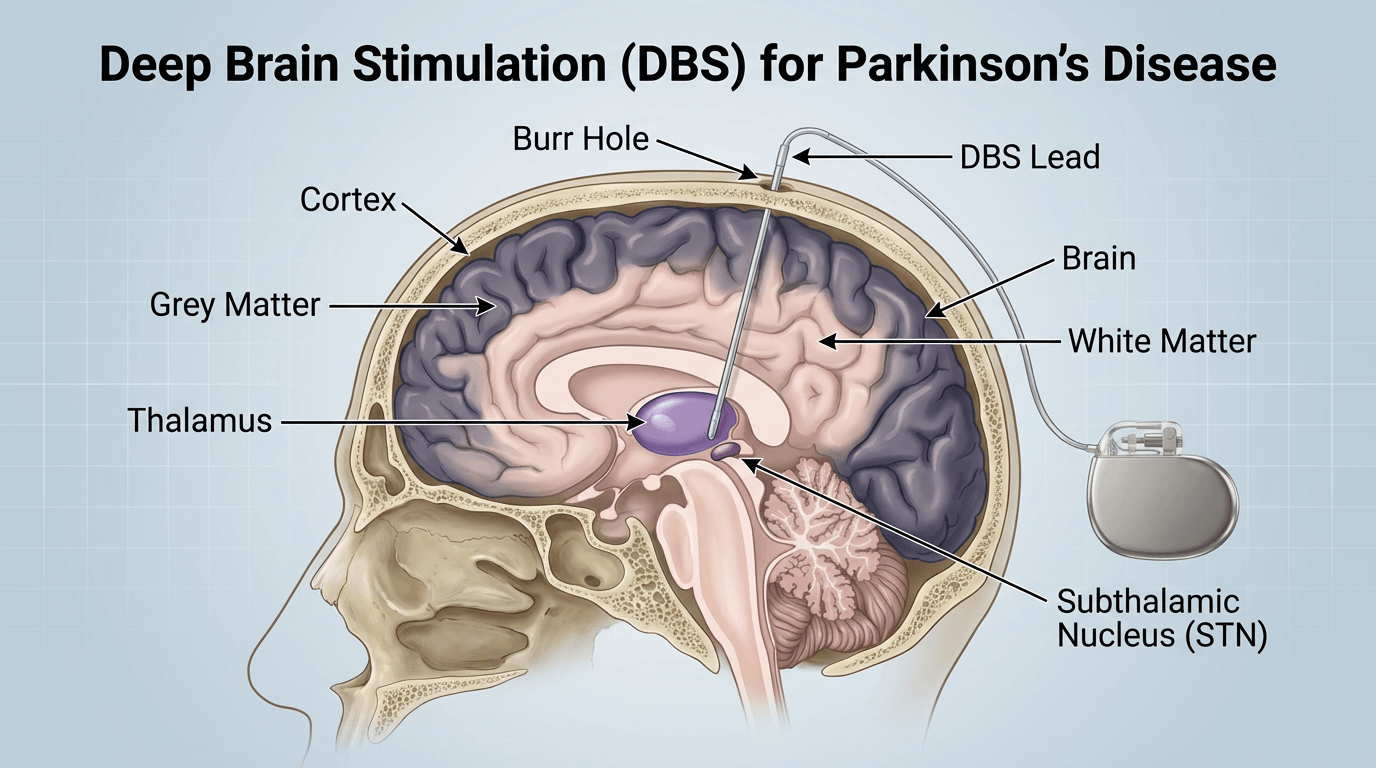 Deep brain stimulation surgery for Parkinson's disease showing electrode placement