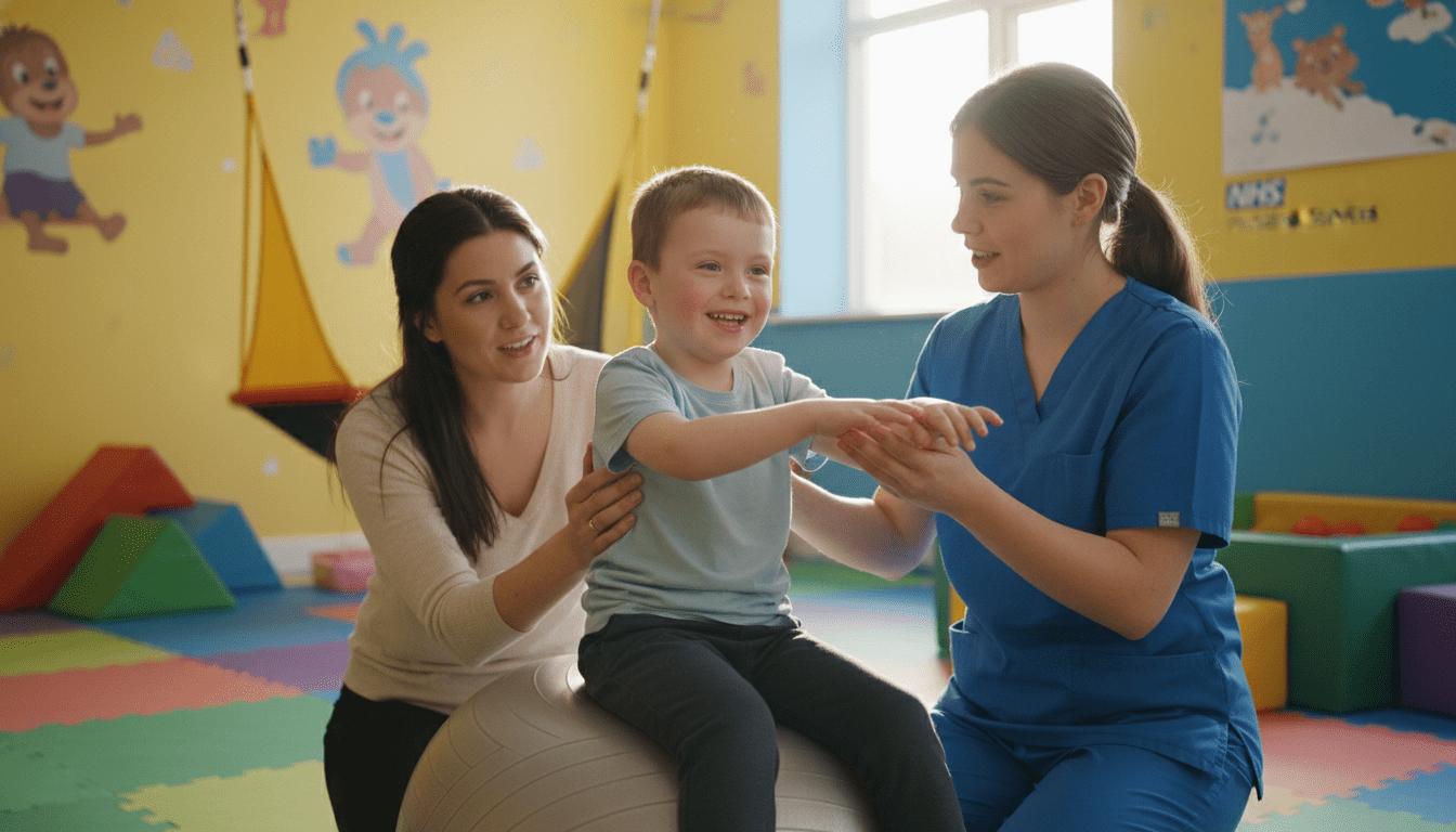 children with cerebral palsy receiving therapy support with family carers present