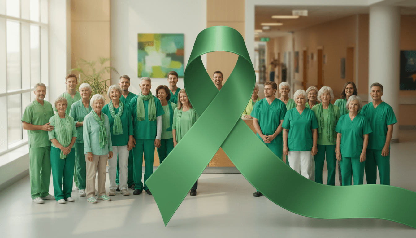 Green ribbon symbol for Cerebral Palsy Awareness Month 2026 with diverse community members wearing green