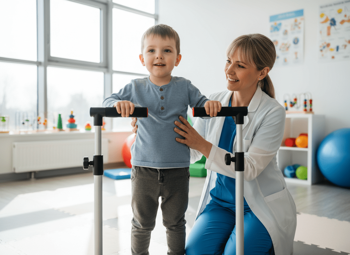 Disabled child practicing standing skills with MOVE Programme support equipment in therapy session