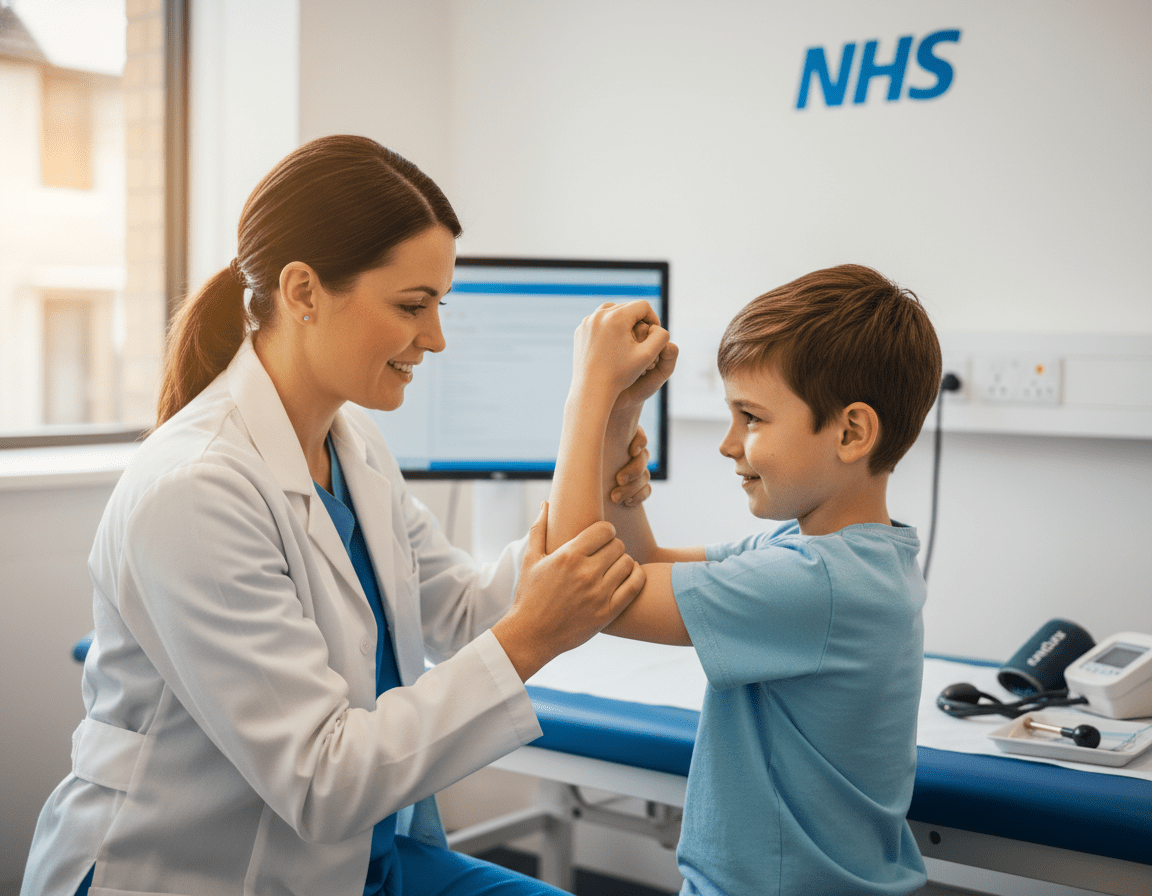 Doctor conducting muscle strength assessment on child patient