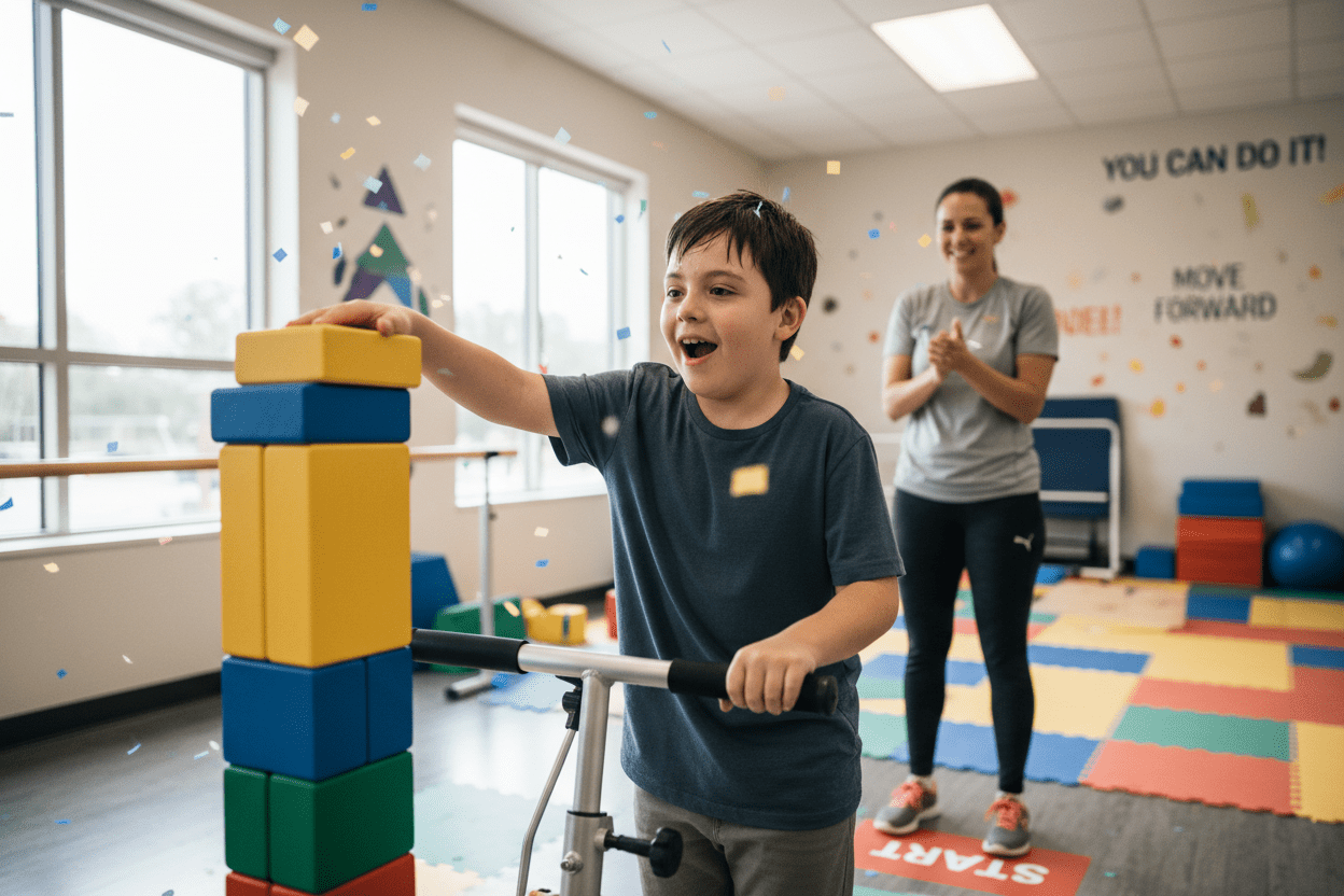 Young person using MOVE Programme techniques to reach desired activity independently