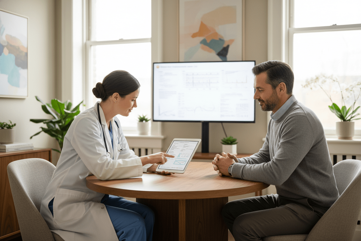 Healthcare professional answering patient questions about Parkinson's disease