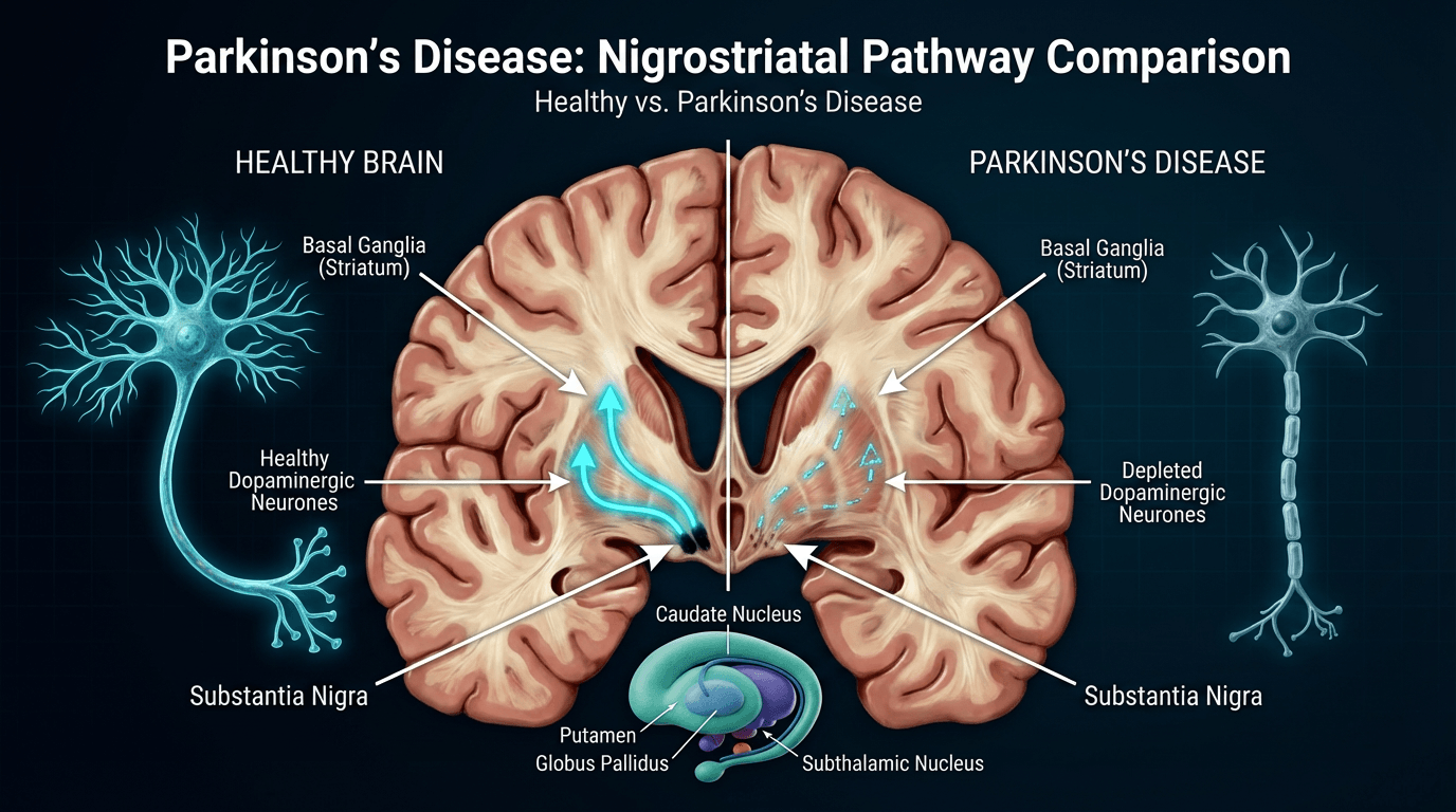 Parkinson's disease neural pathways showing dopamine depletion in brain cells