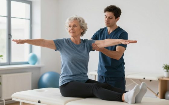 Physiotherapist helping elderly patient improve balance during rehabilitation exercise