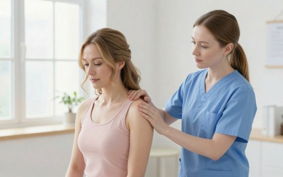Physiotherapy post mastectomy rehabilitation session showing gentle arm exercises