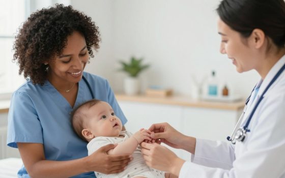 Healthcare professional examining infant showing signs of stroke