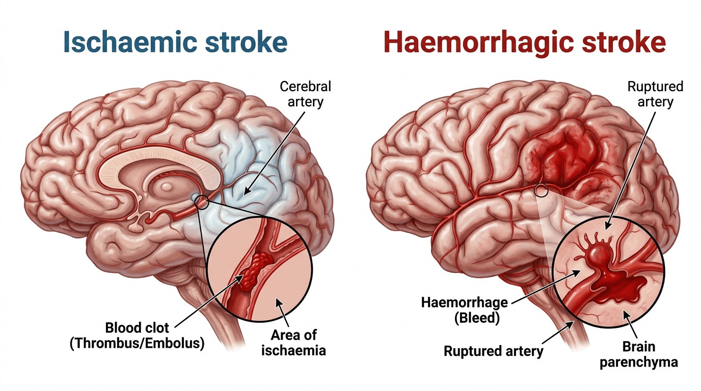 Comparative medical illustration showing ischemic stroke with blocked blood vessel and hemorrhagic stroke with ruptured vessel