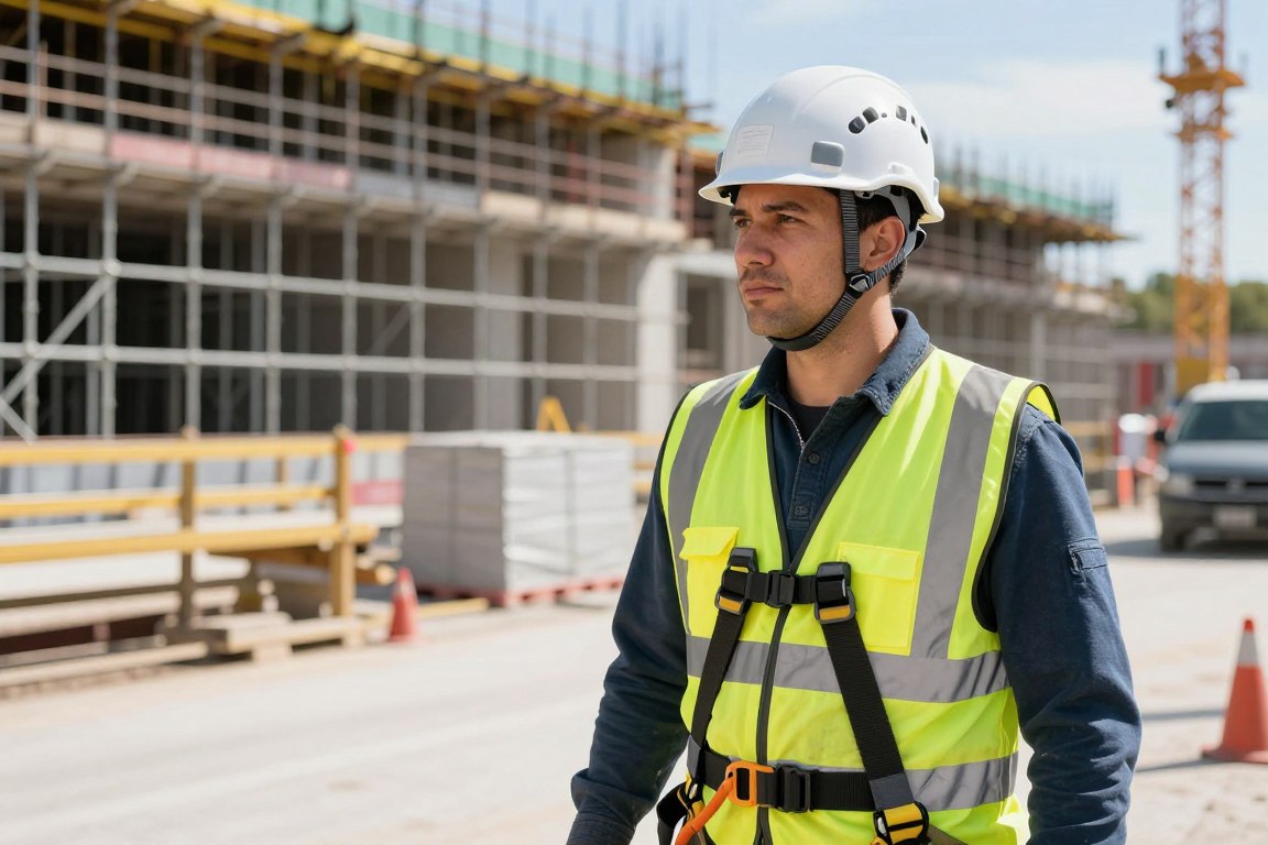 Worker wearing proper safety helmet and equipment on construction site