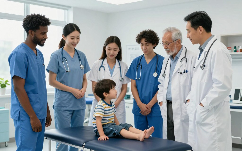 Multidisciplinary rehabilitation team working with pediatric stroke patient