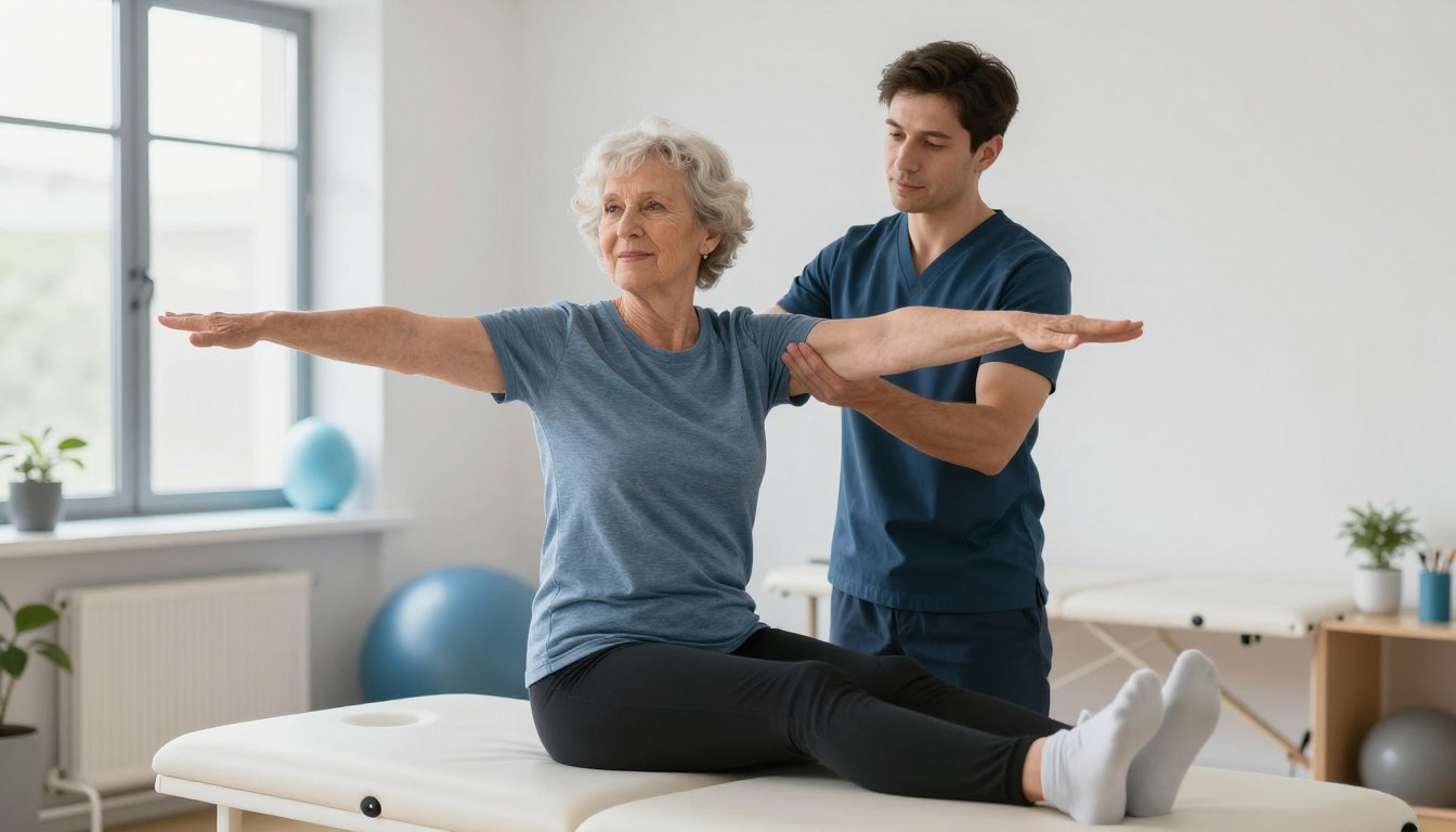 Physiotherapist helping elderly patient improve balance during rehabilitation exercise