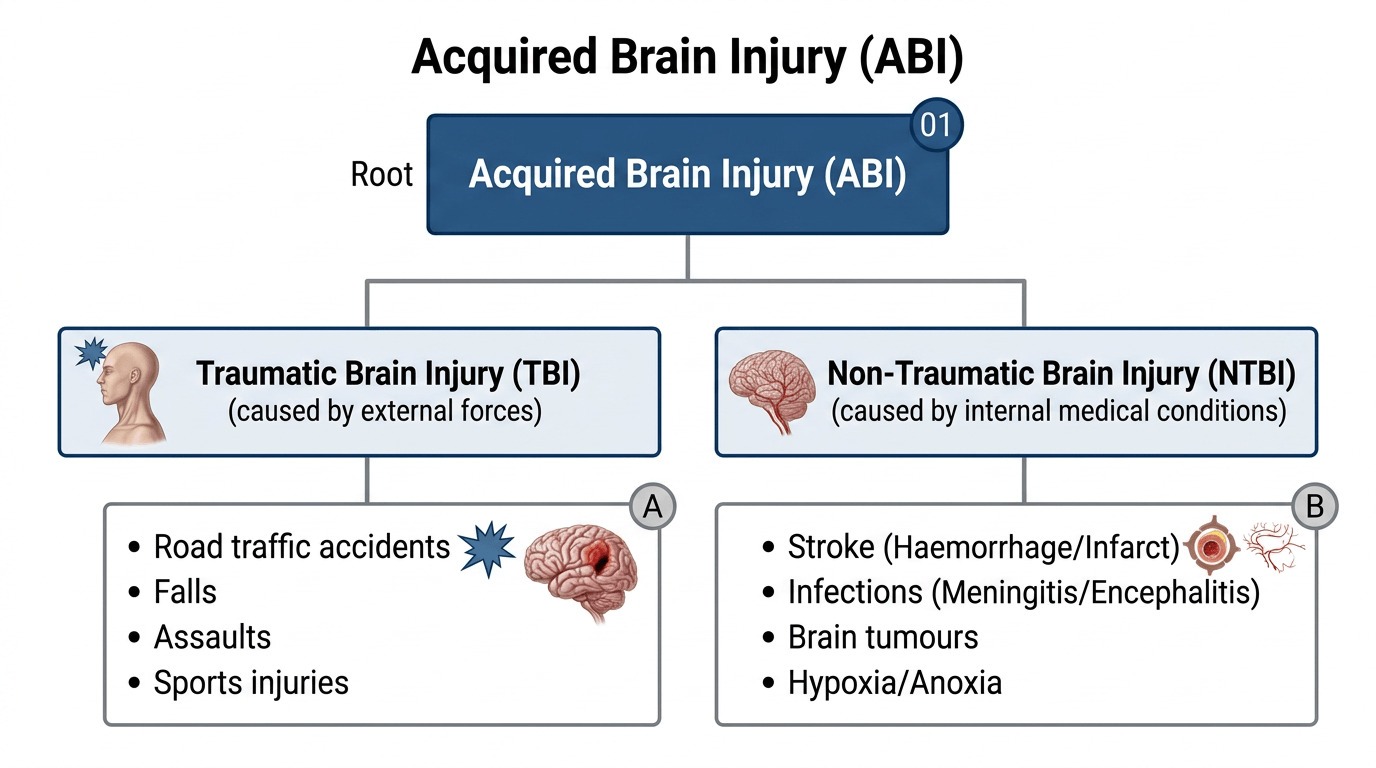 Flowchart diagram showing the classification of acquired brain injury into traumatic and non-traumatic categories