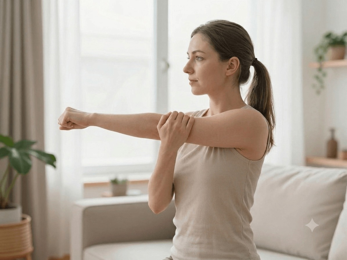 Woman performing daily shoulder stretches at home