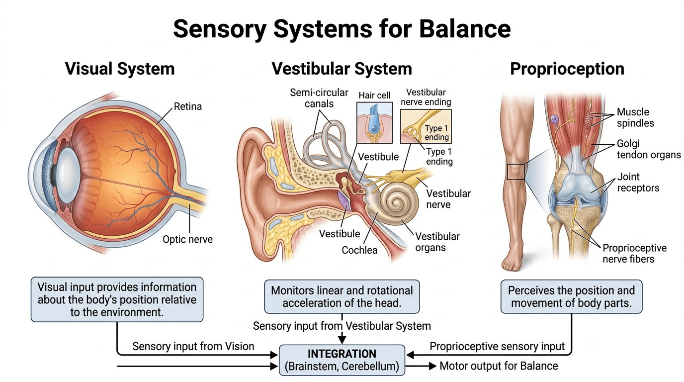 Three sensory systems contributing to balance - visual, vestibular, and proprioceptive