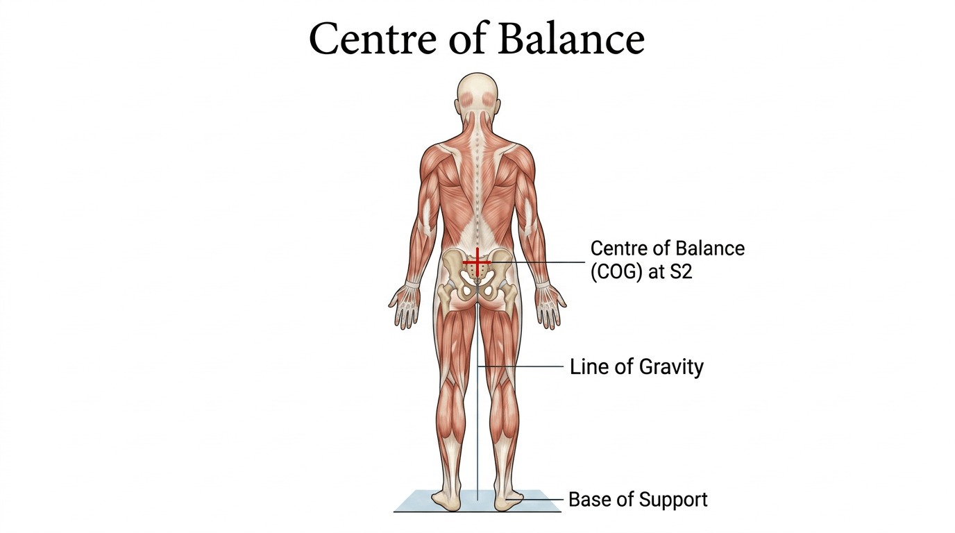 Diagram showing balance as maintaining centre of mass over base of support
