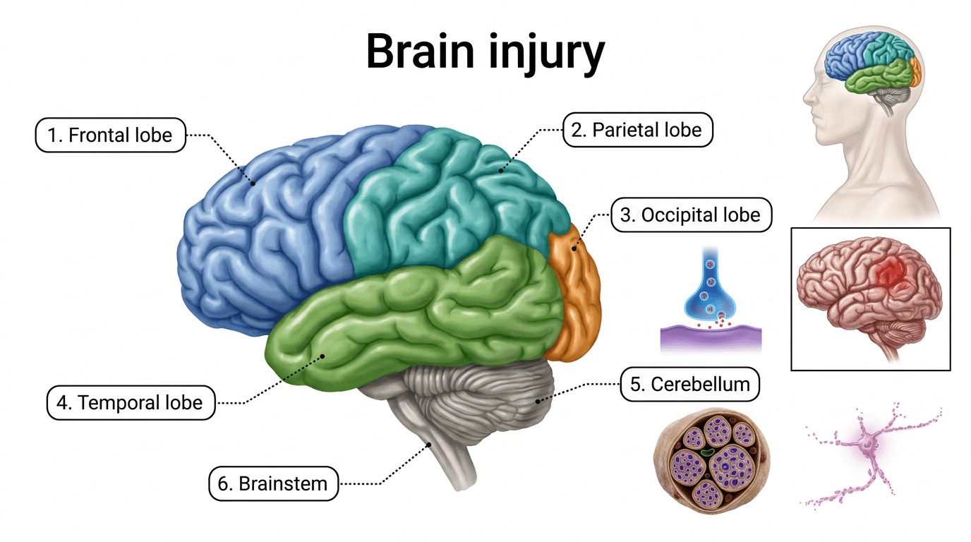 Medical illustration showing a cross-section of the human brain highlighting areas affected by acquired brain injury