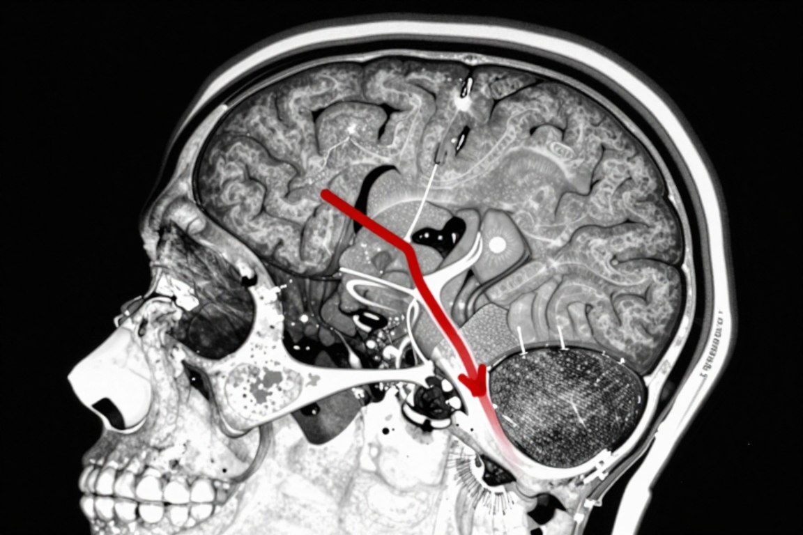 Medical imaging scan showing the path of penetrating brain injury through skull and brain tissue