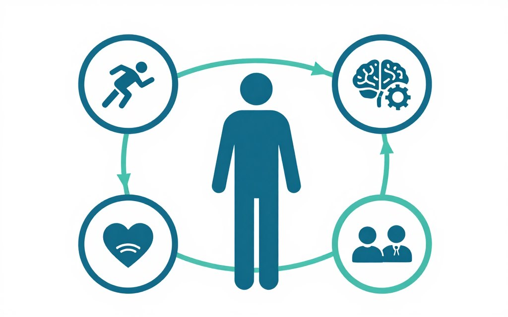 Illustration showing multiple aspects of life affected by brain injury including physical, cognitive, emotional and social domains