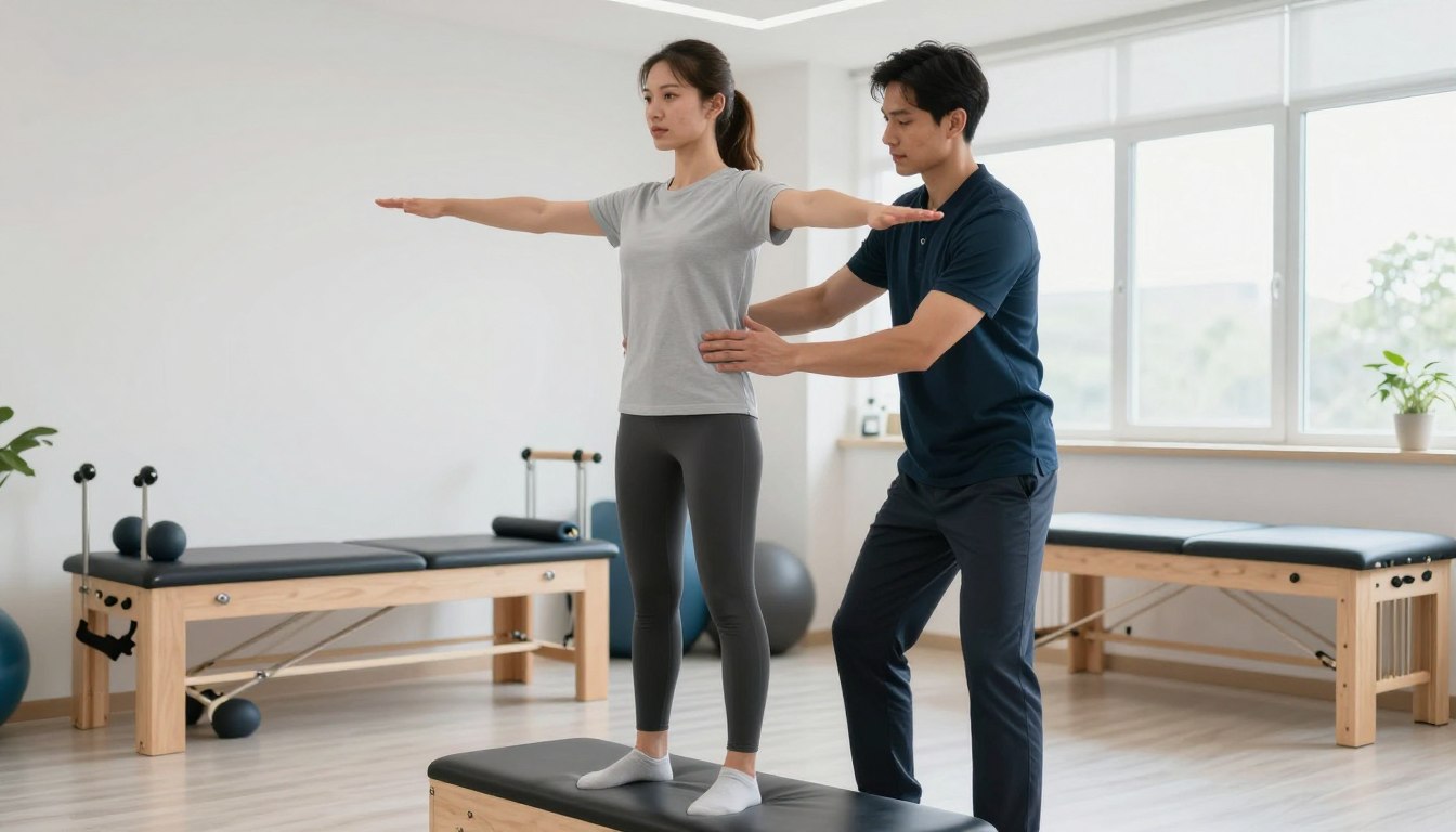 Physiotherapist guiding patient through balance rehabilitation exercises