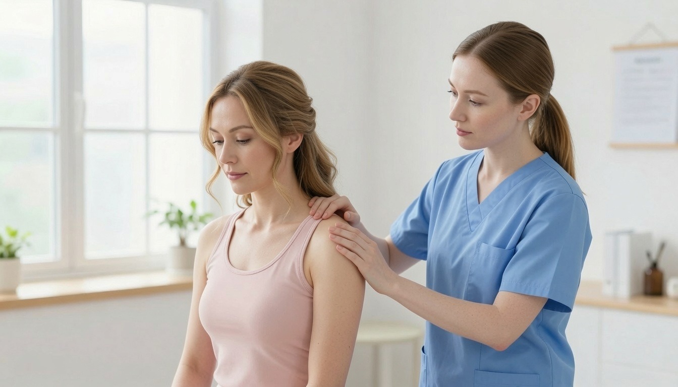 Physiotherapy post mastectomy rehabilitation session showing gentle arm exercises