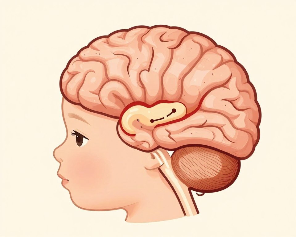 Medical illustration of infant brain showing stroke-affected regions