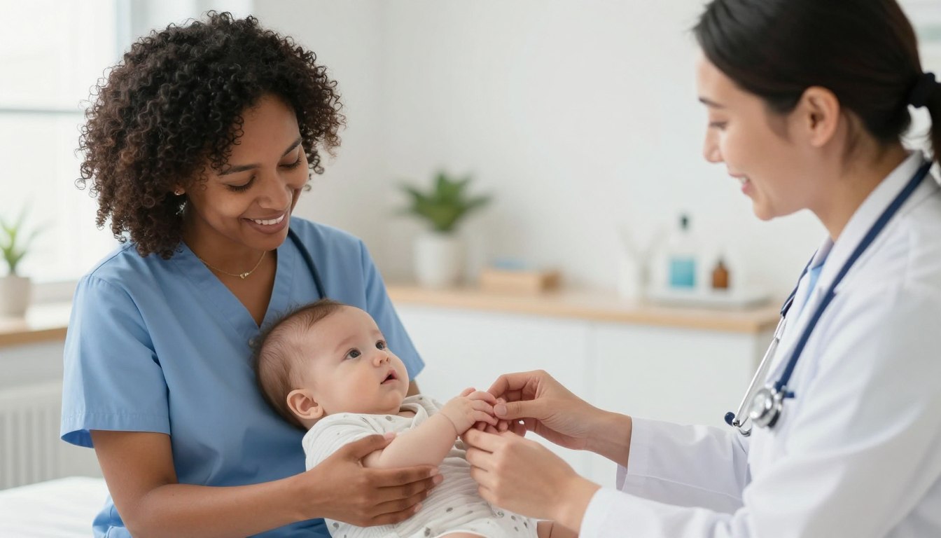 Healthcare professional examining infant showing signs of stroke
