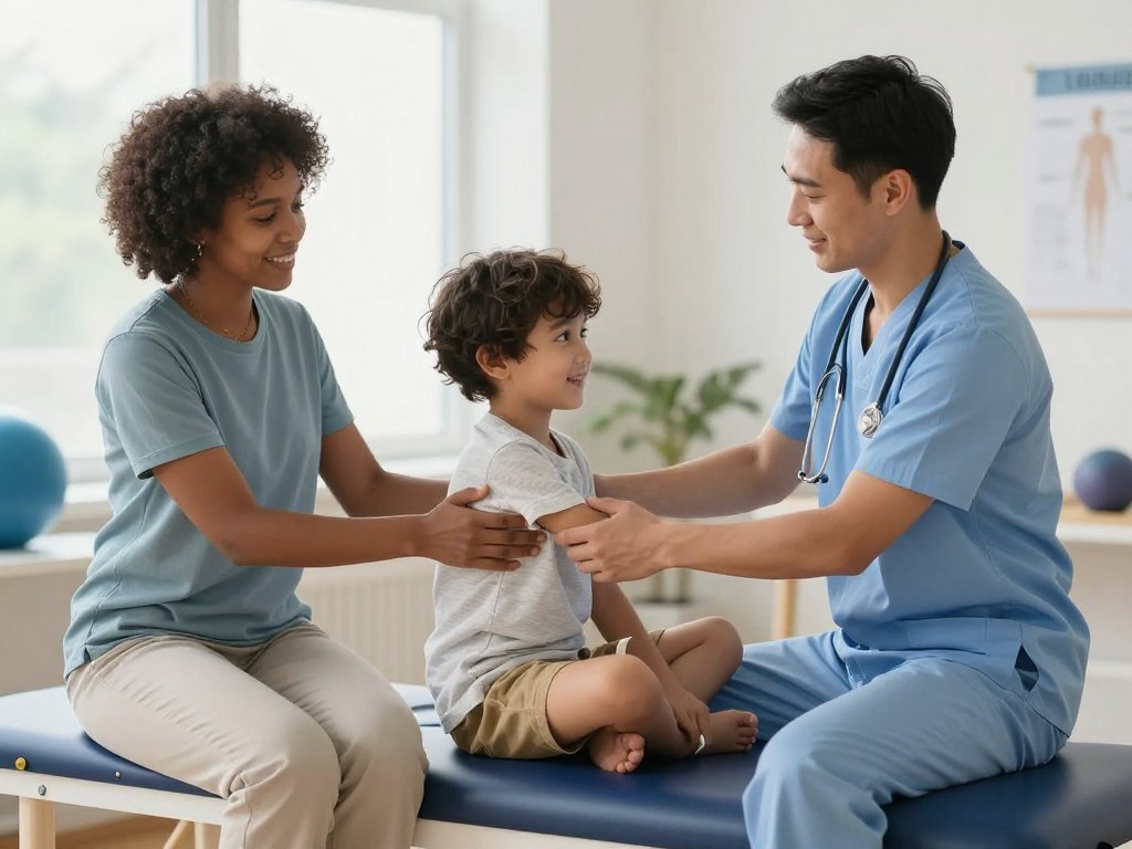 Child participating in physiotherapy rehabilitation after stroke