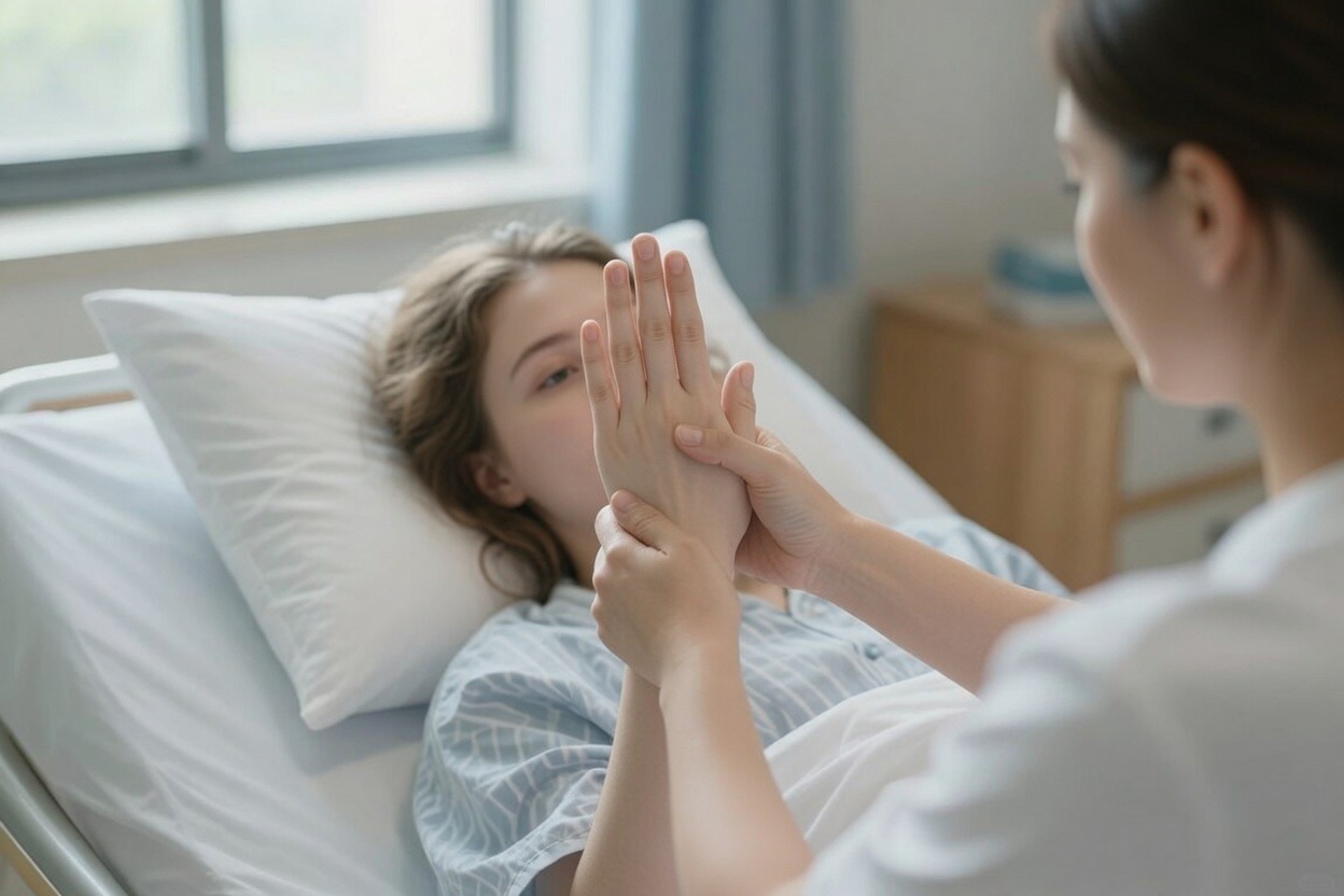 Patient performing gentle hand exercises post mastectomy in hospital bed