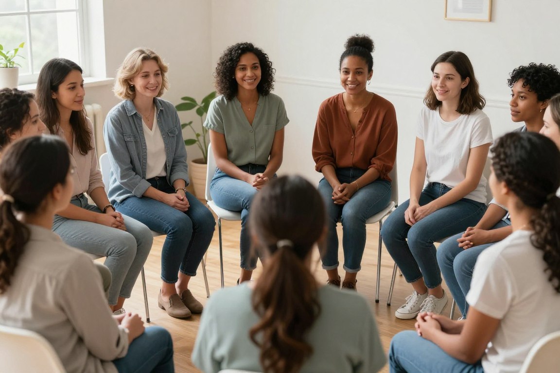 Support group meeting for breast cancer survivors