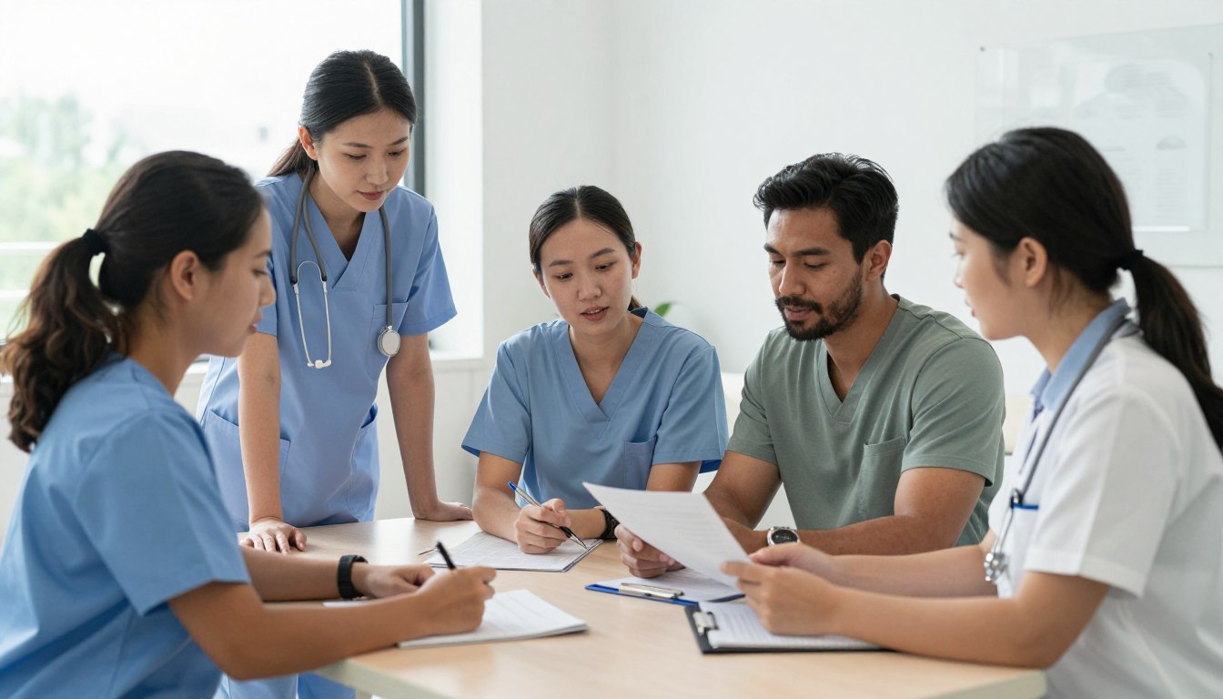 Diverse rehabilitation team including physiotherapist, occupational therapist, speech therapist and neuropsychologist working together