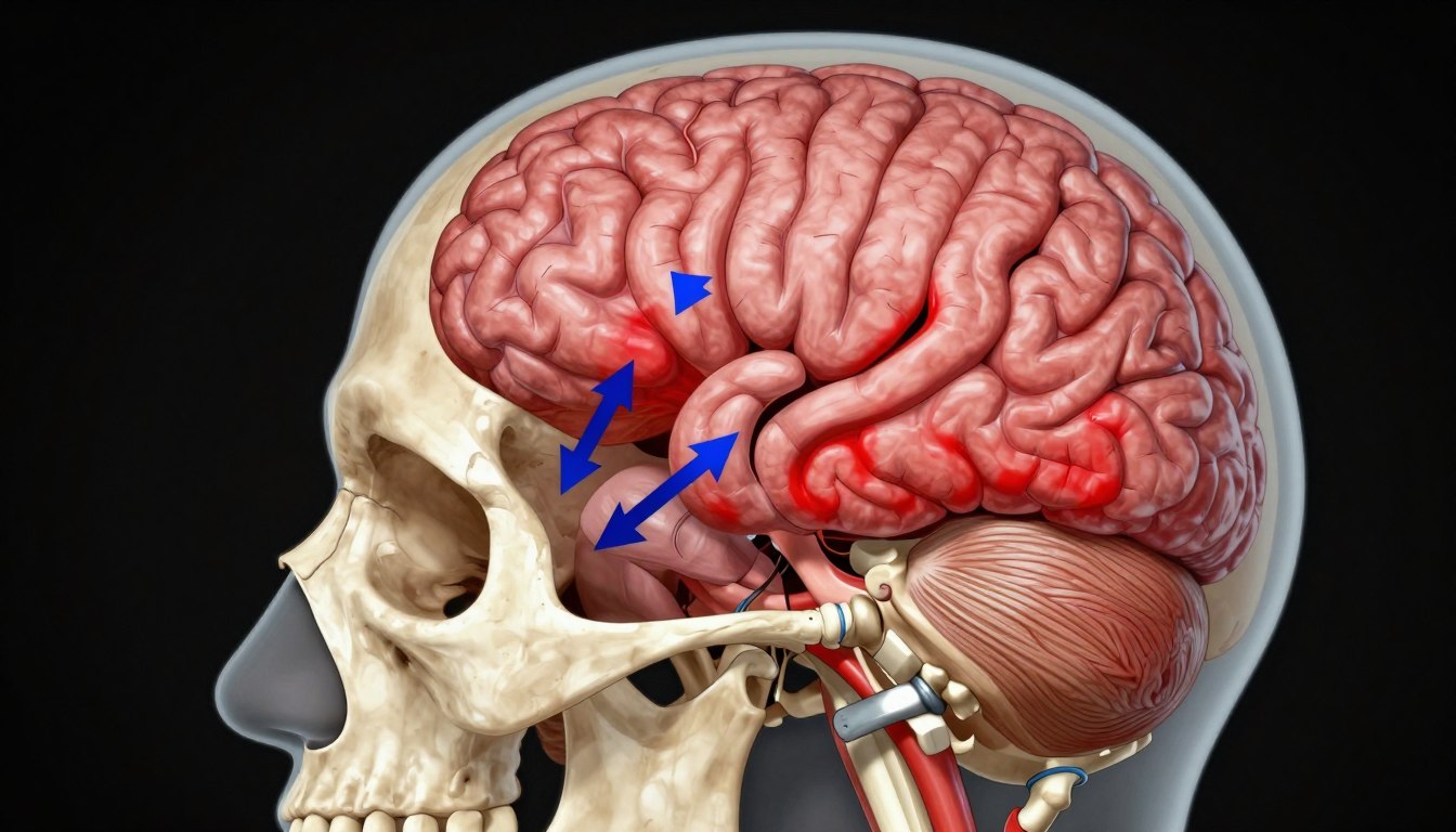Medical diagram illustrating the mechanism of traumatic brain injury showing brain movement within the skull during impact