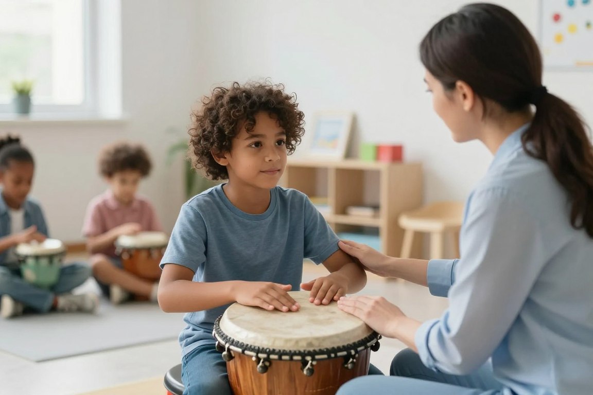 Music therapist supporting a child through rhythm and communication