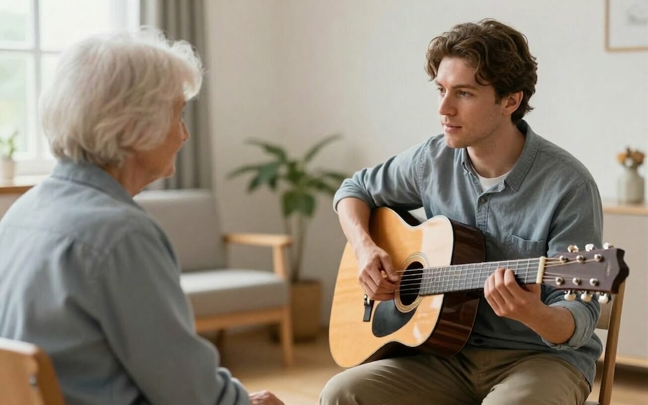 Music therapist using familiar song with an older adult