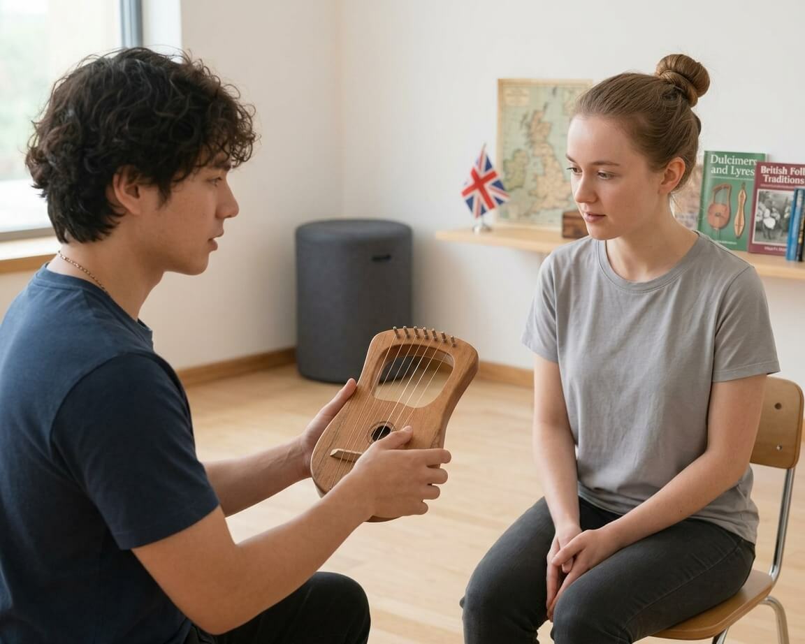 Adult using a simple instrument during music therapy