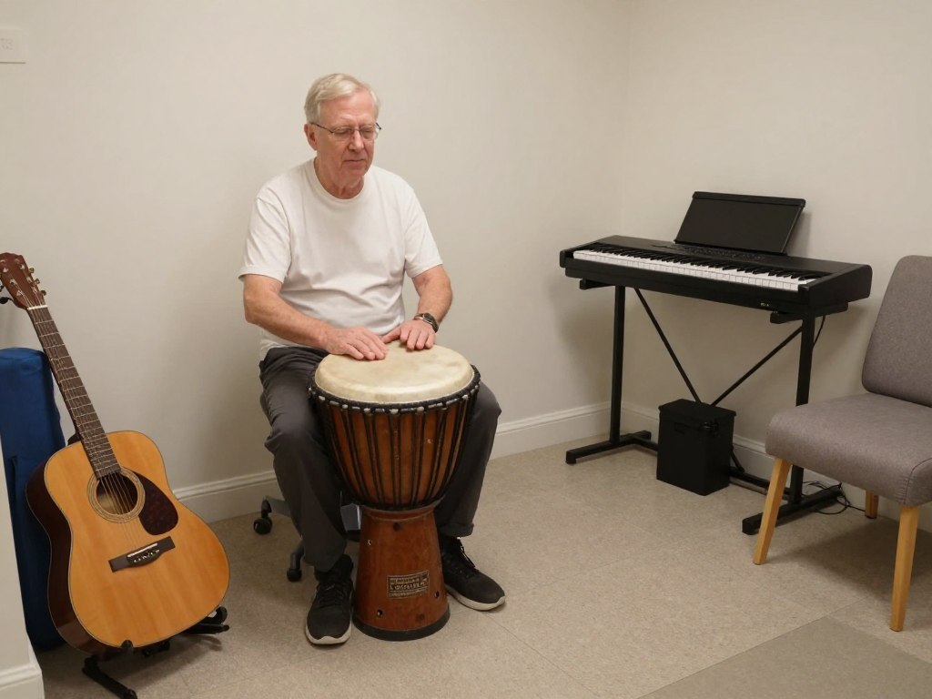 Music therapy instruments arranged for a UK healthcare session