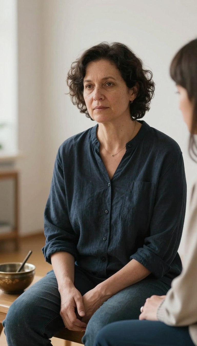 Person reflecting calmly after a music therapy session