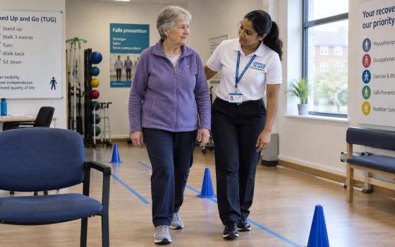 British physiotherapist supporting an older adult after a Timed Up and Go Test