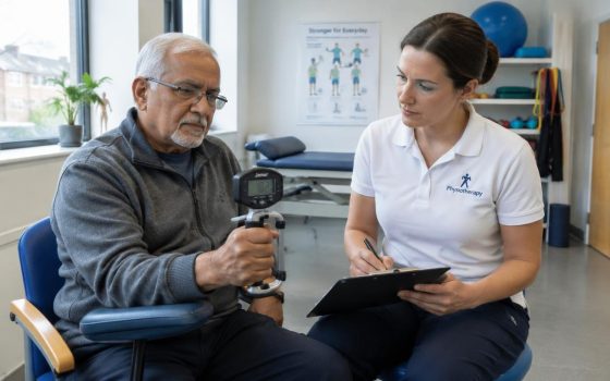 British older adult completing a grip strength test with a physiotherapist