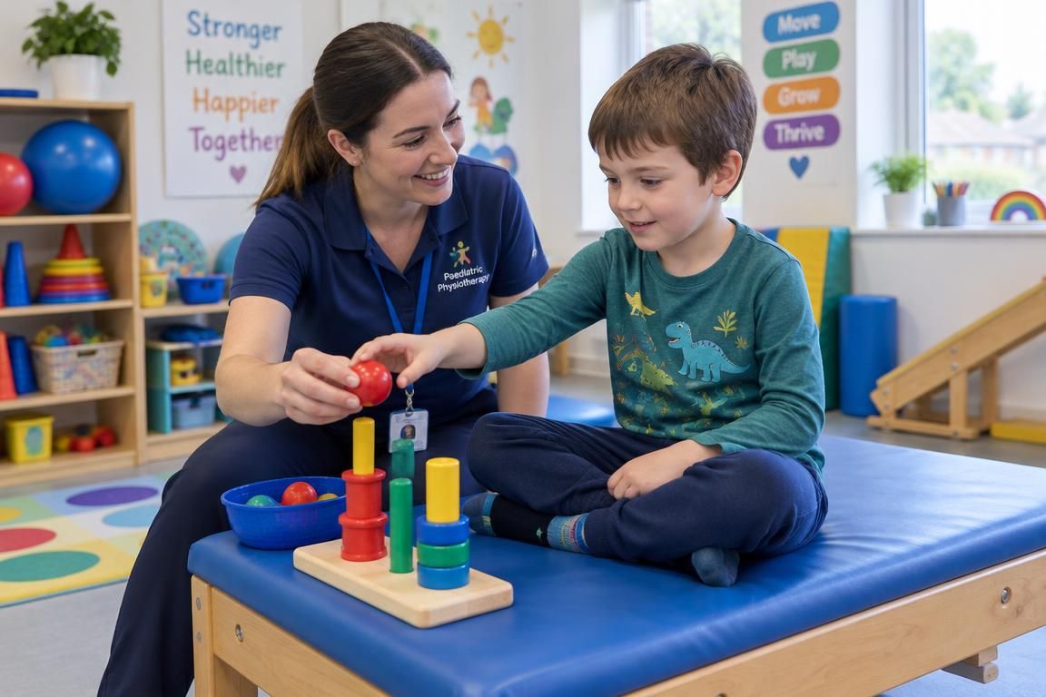 A child practising upright balance on a bright therapy bench with a paediatric physiotherapist