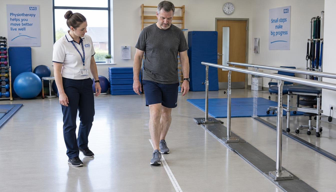 A therapist observing an adult walking on a straight therapy gym track